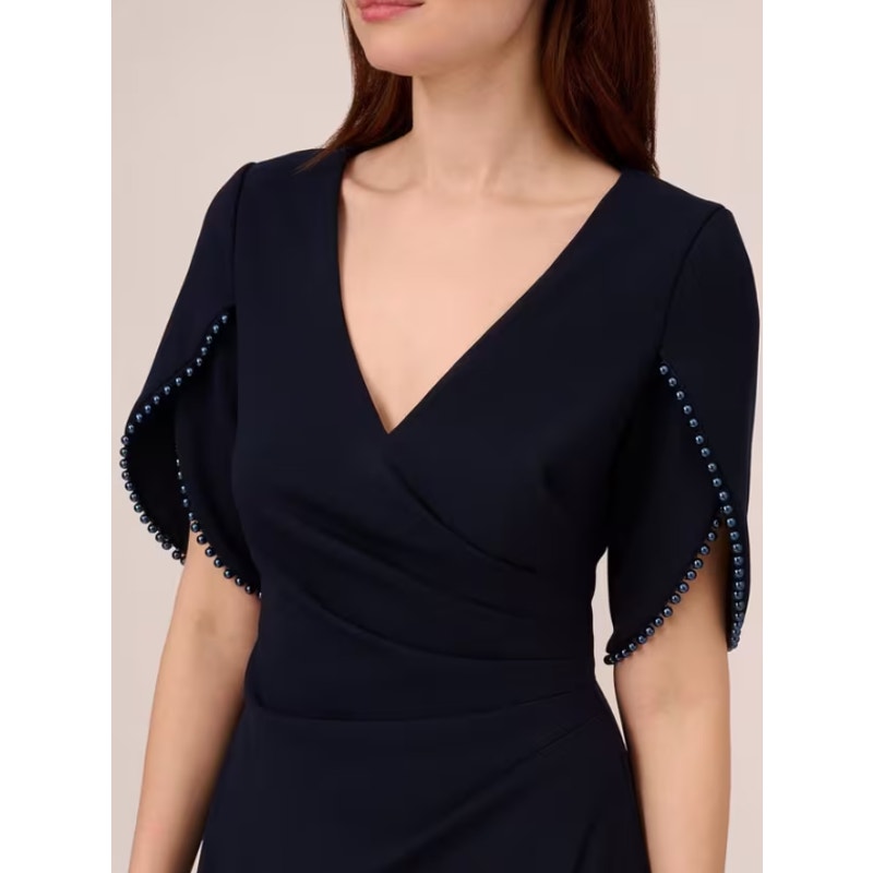 ADRIANA PAPELL Tulip Sleeve Column Gown Size 6 Navy Blue Midnight Pearl NWOT