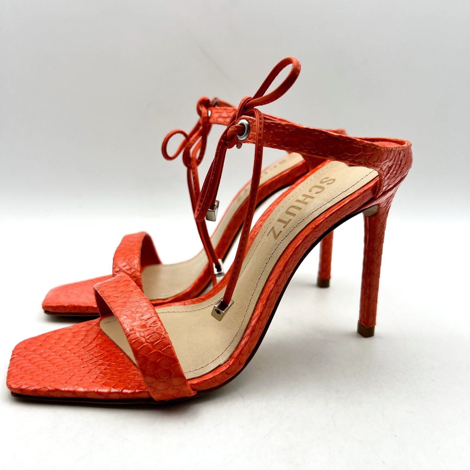 Schutz Womens Mavis Heel Sandal Size 5.5 Snake Shine Bright Orange Leather NIB