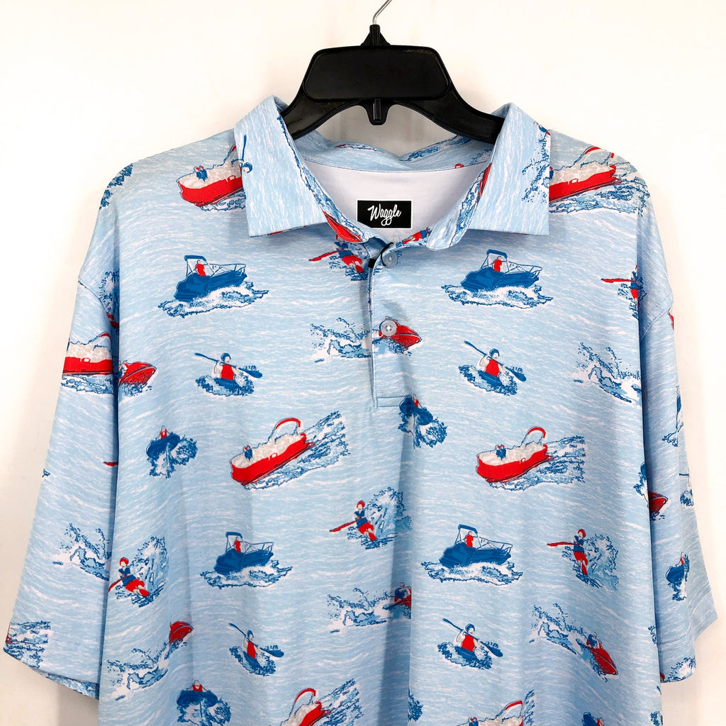 WAGGLE Mens Lake Life Golf Polo Shirt 2XL XXL Blue Print Short Sleeve NWT