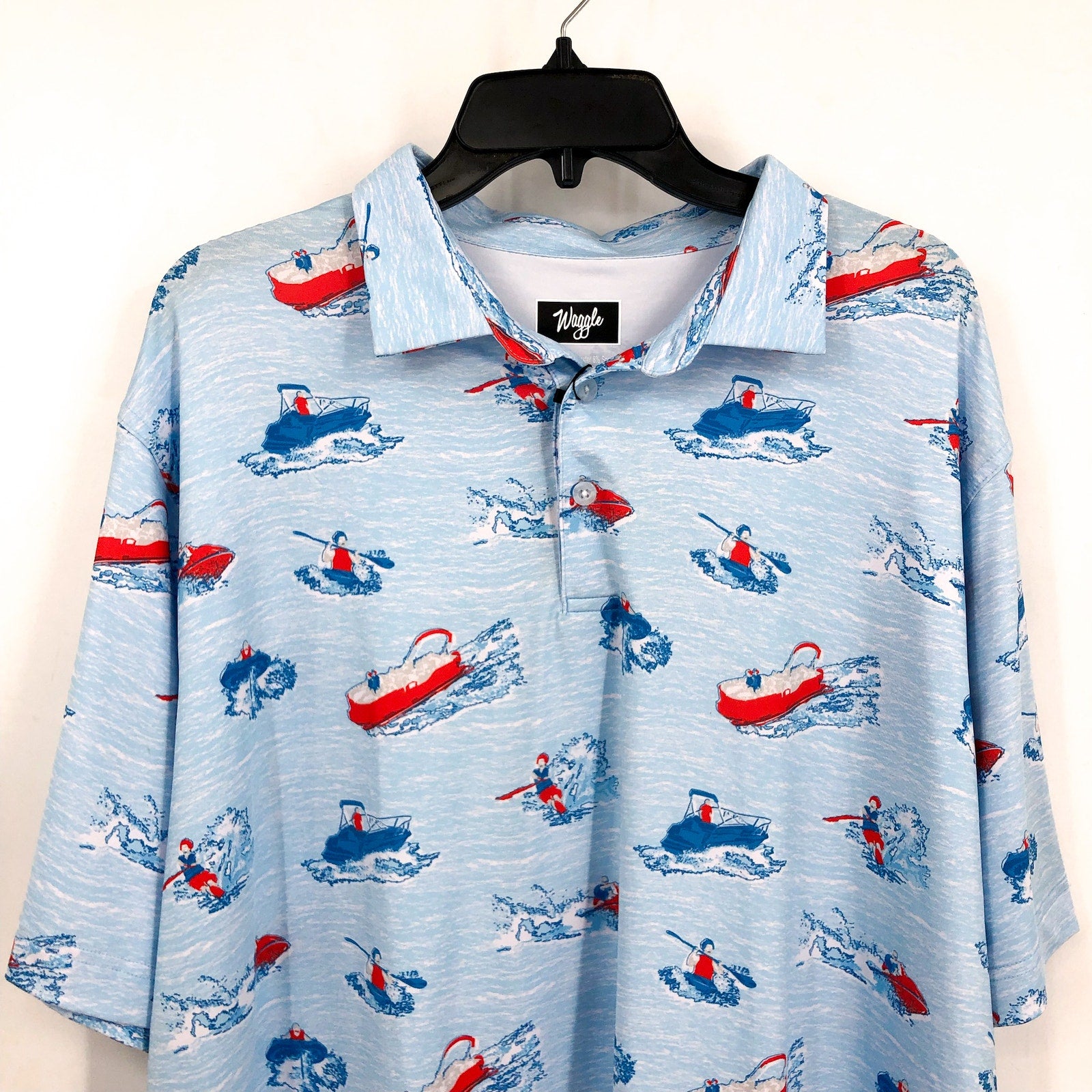 WAGGLE Mens Lake Life Golf Polo Shirt 2XL XXL Blue Print Short Sleeve NWT