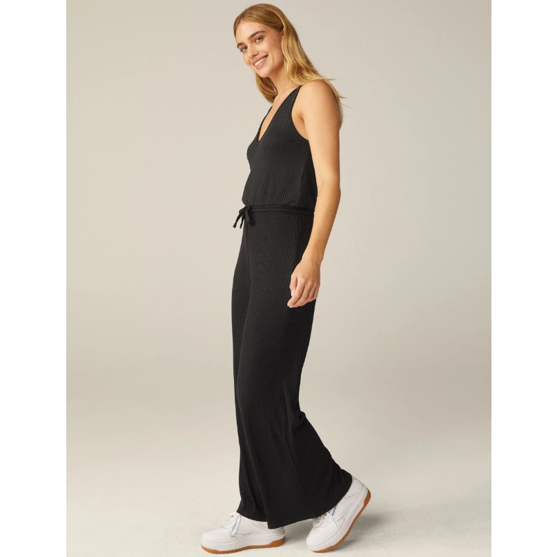 BEYOND YOGA Women's Jetsetter Wide Leg Jumpsuit Small Black Rib V Neck NWT