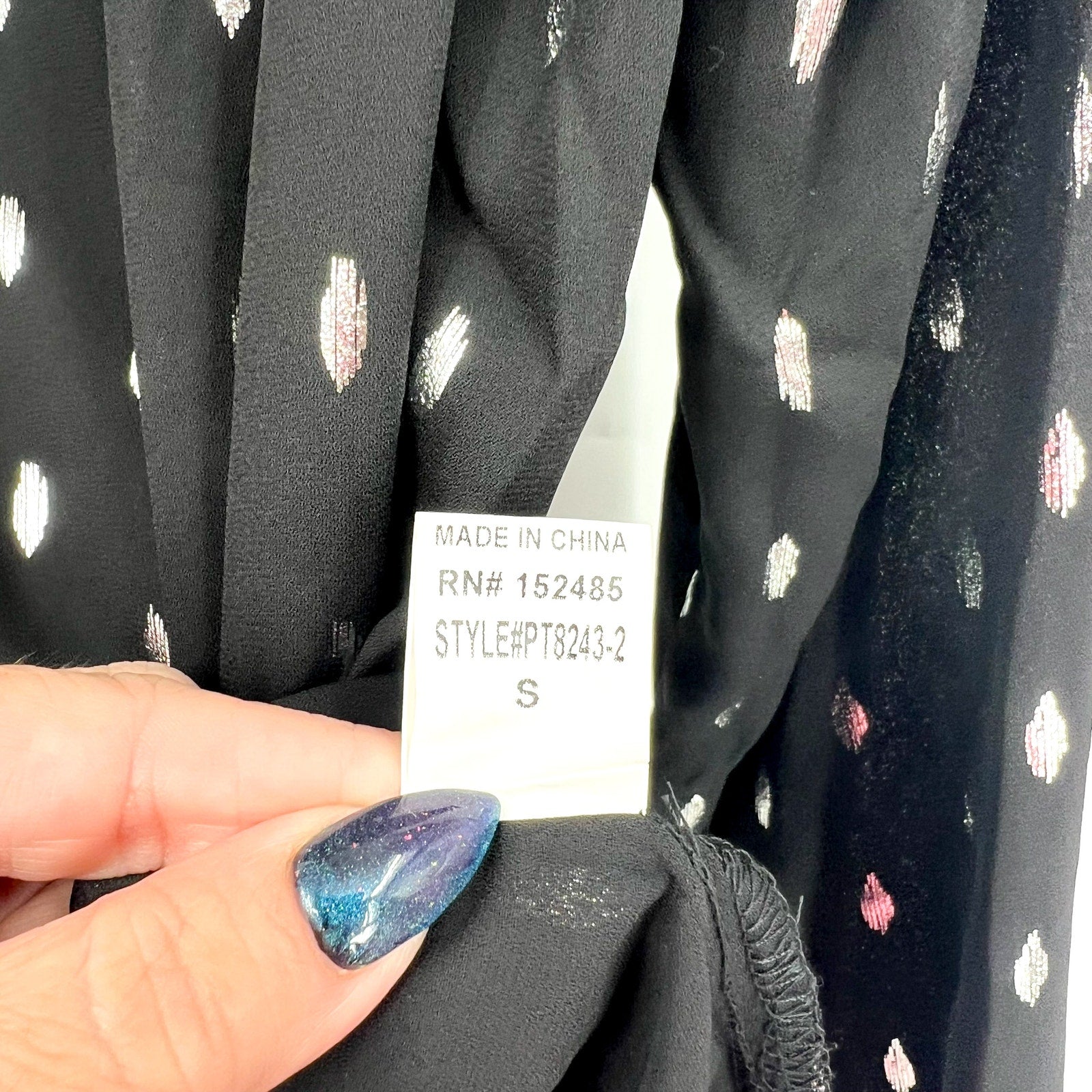 STITCH FIX - PAPERMOON Womens V Neck Blouse Small Black Silver Print NWT