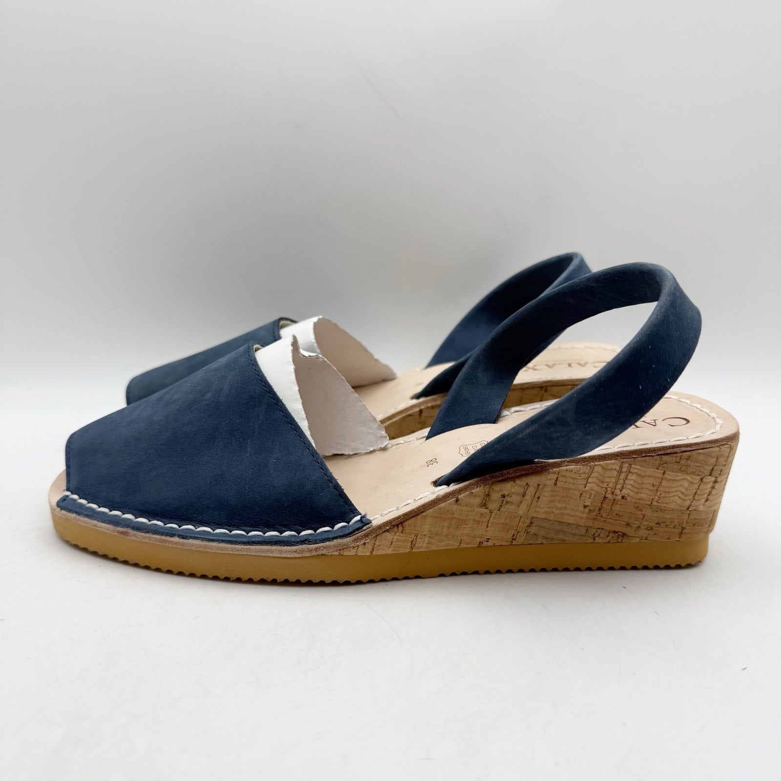 CalaXini Womens Cork Wedge Sandals EU 38 US 7.5-8 Navy Blue Suede NWOB