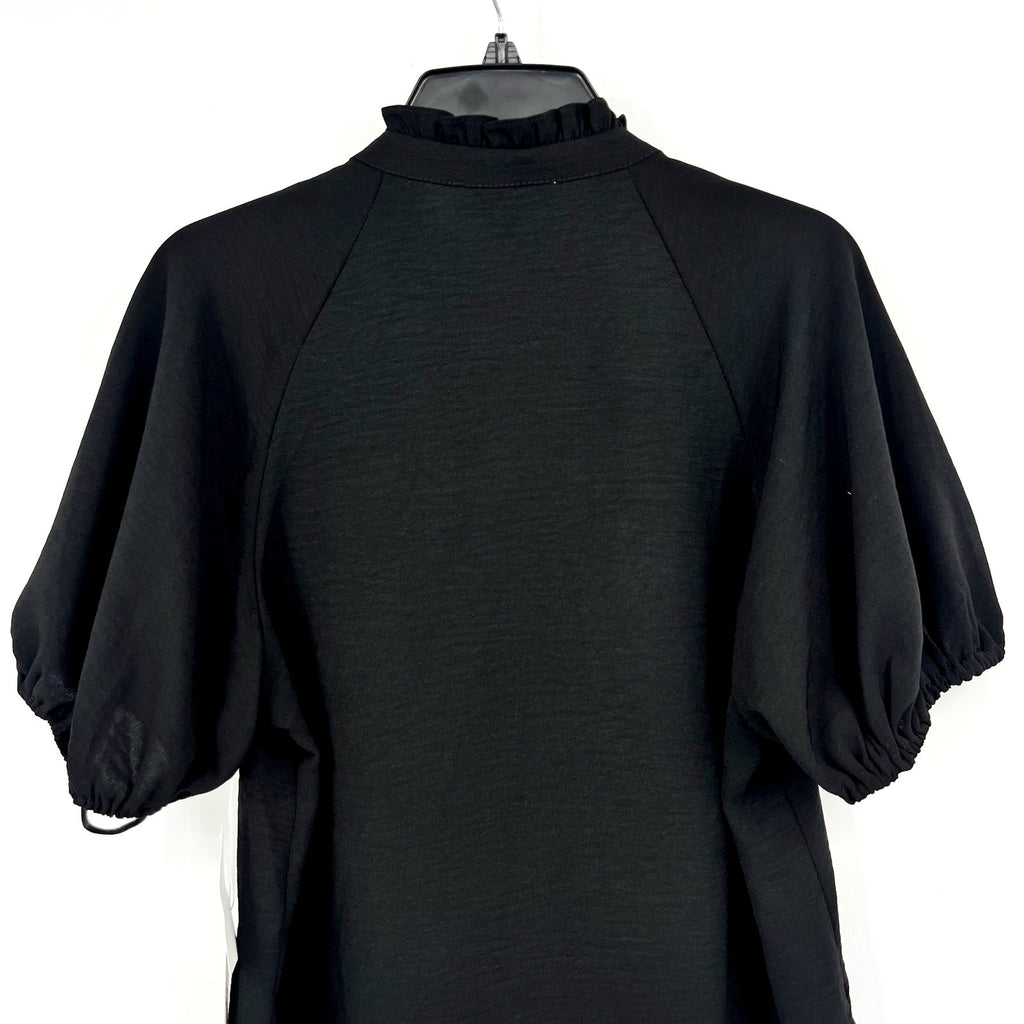 CECE Women's Ruffle Neck Blouse Top Medium Rich Black Raglan Split Seam NWT