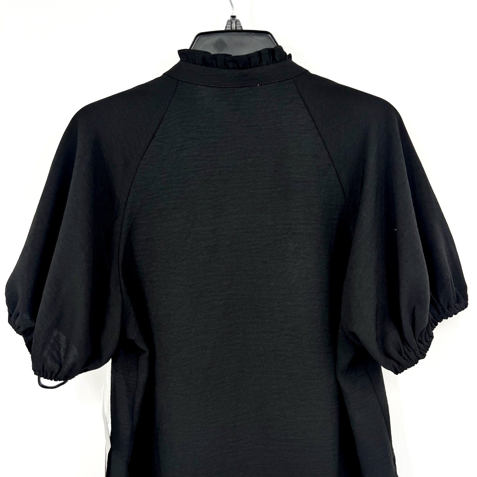 CECE Women's Ruffle Neck Blouse Top Medium Rich Black Raglan Split Seam NWT