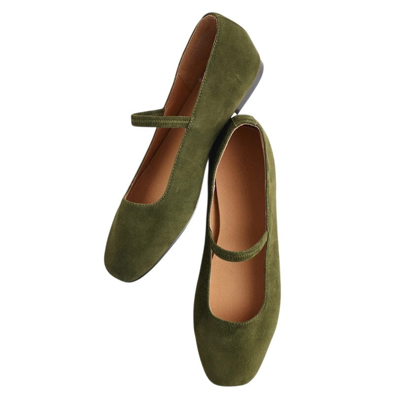 Madewell Womens Greta Elastic Mary Jane Flats Size 7.5 M Loden Green Suede NIB