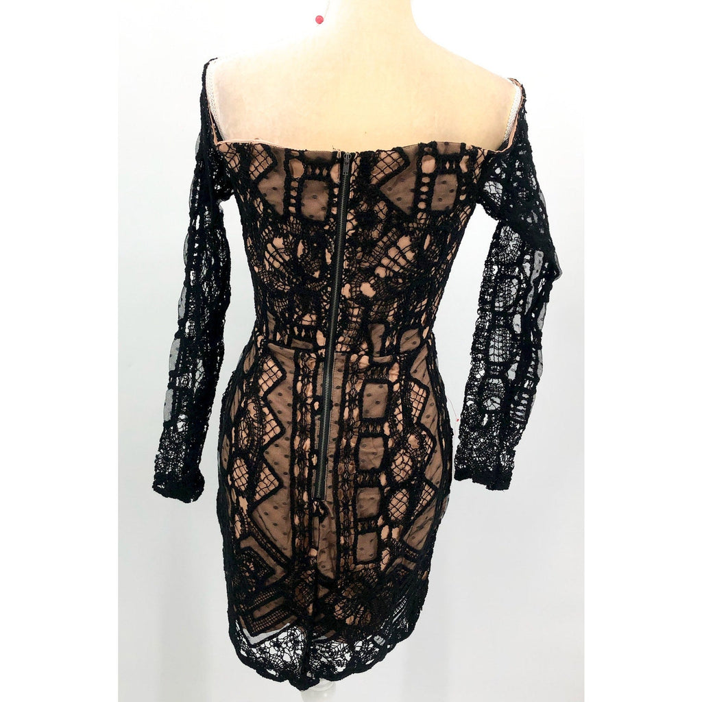BARDOT Women's Zendaya Mini Lace Dress Medium Black/Nude Off Shoulder NWT