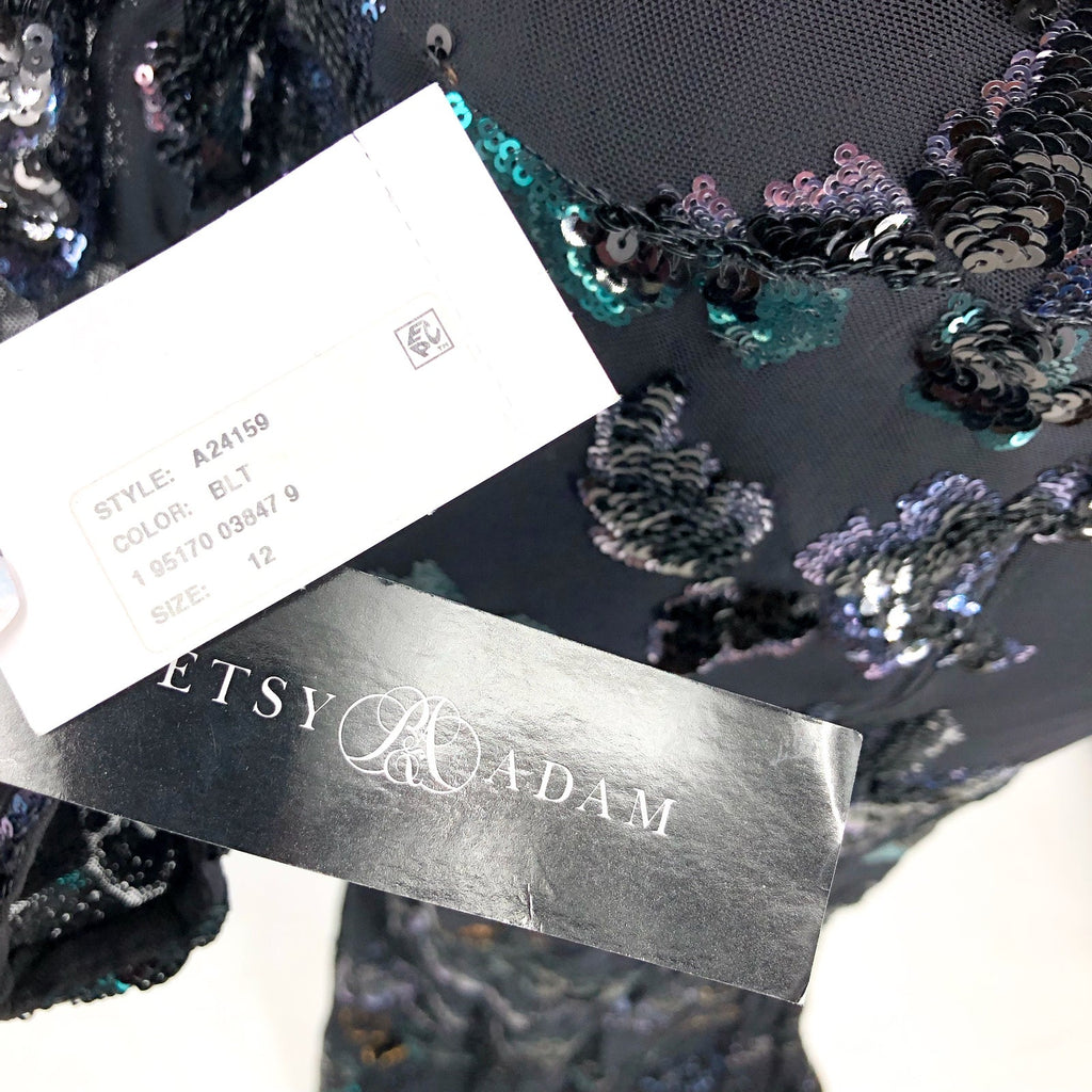 BETSY & ADAM Long Long Sleeve Floral Sequin Gown Size 12 Black & Teal NWT
