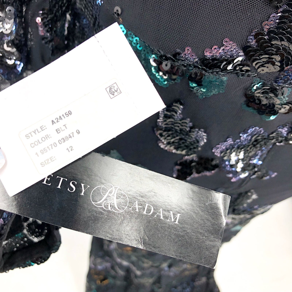 BETSY & ADAM Long Long Sleeve Floral Sequin Gown Size 12 Black & Teal NWT