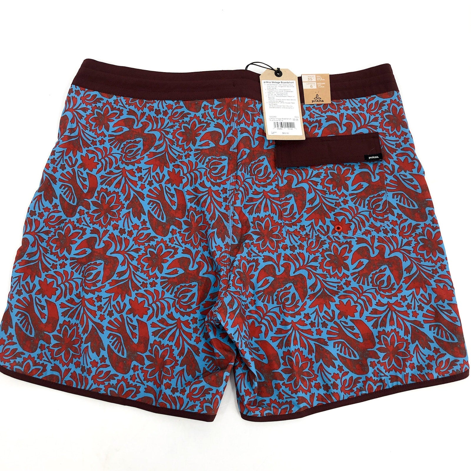 PRANA Men's Vintage Board Short Size 35 Blue Red Rust Flora Fauna 6" InseamN WT