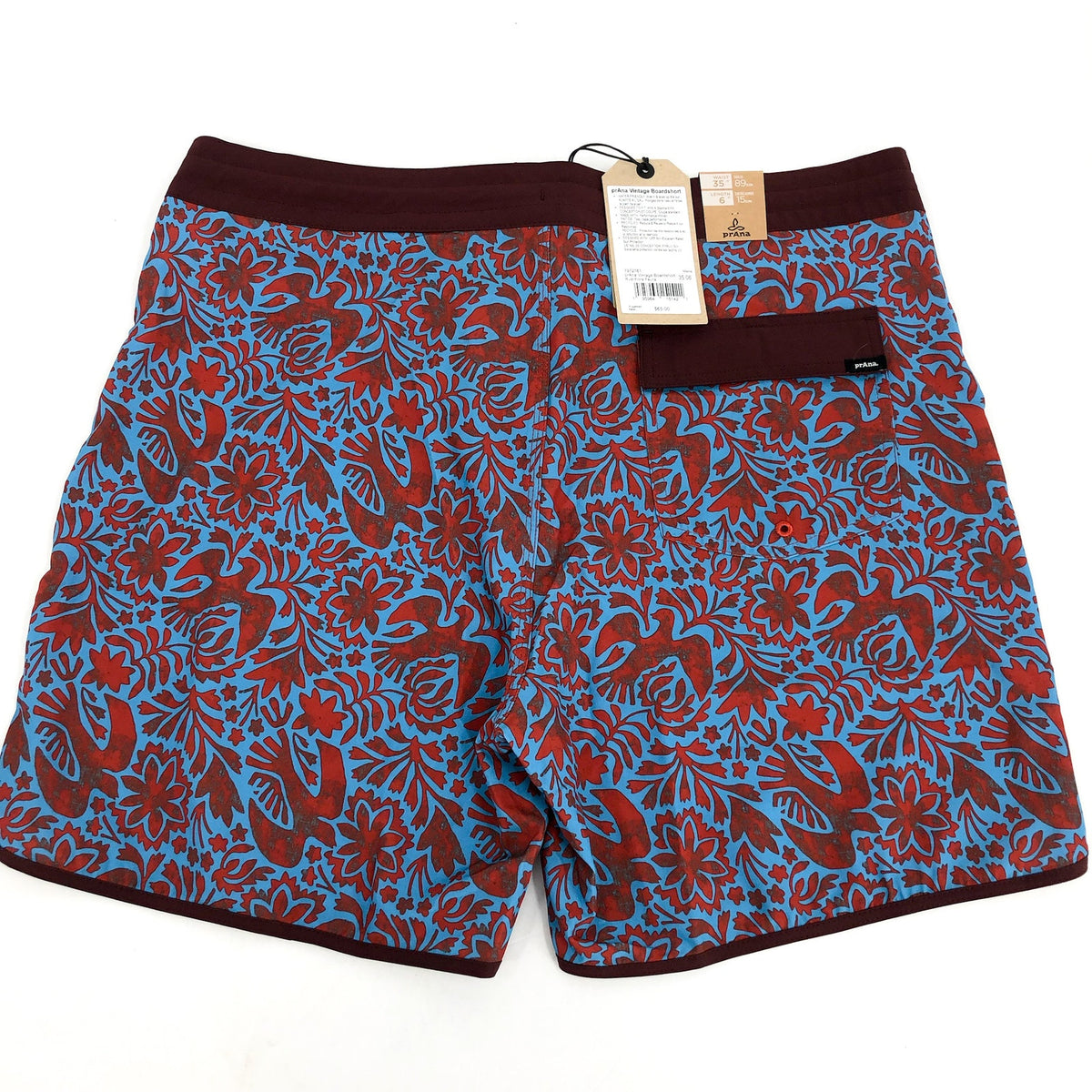 PRANA Mens Vintage Board Shorts Large Size 35 Blue Red Flora Fauna 6" Inseam NWT
