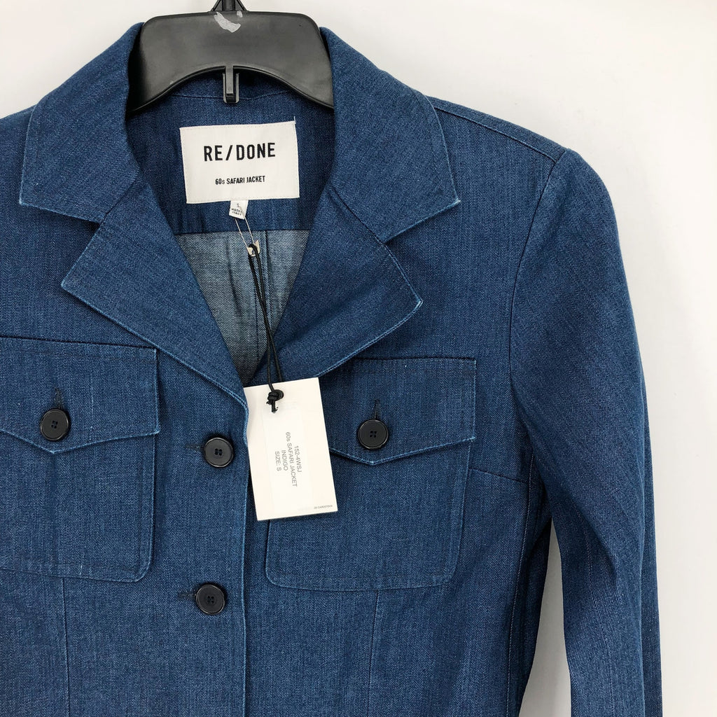 RE/DONE Women's 60's Safari Jacket Small Blue Indigo Cotton Buttons Pockets NWT