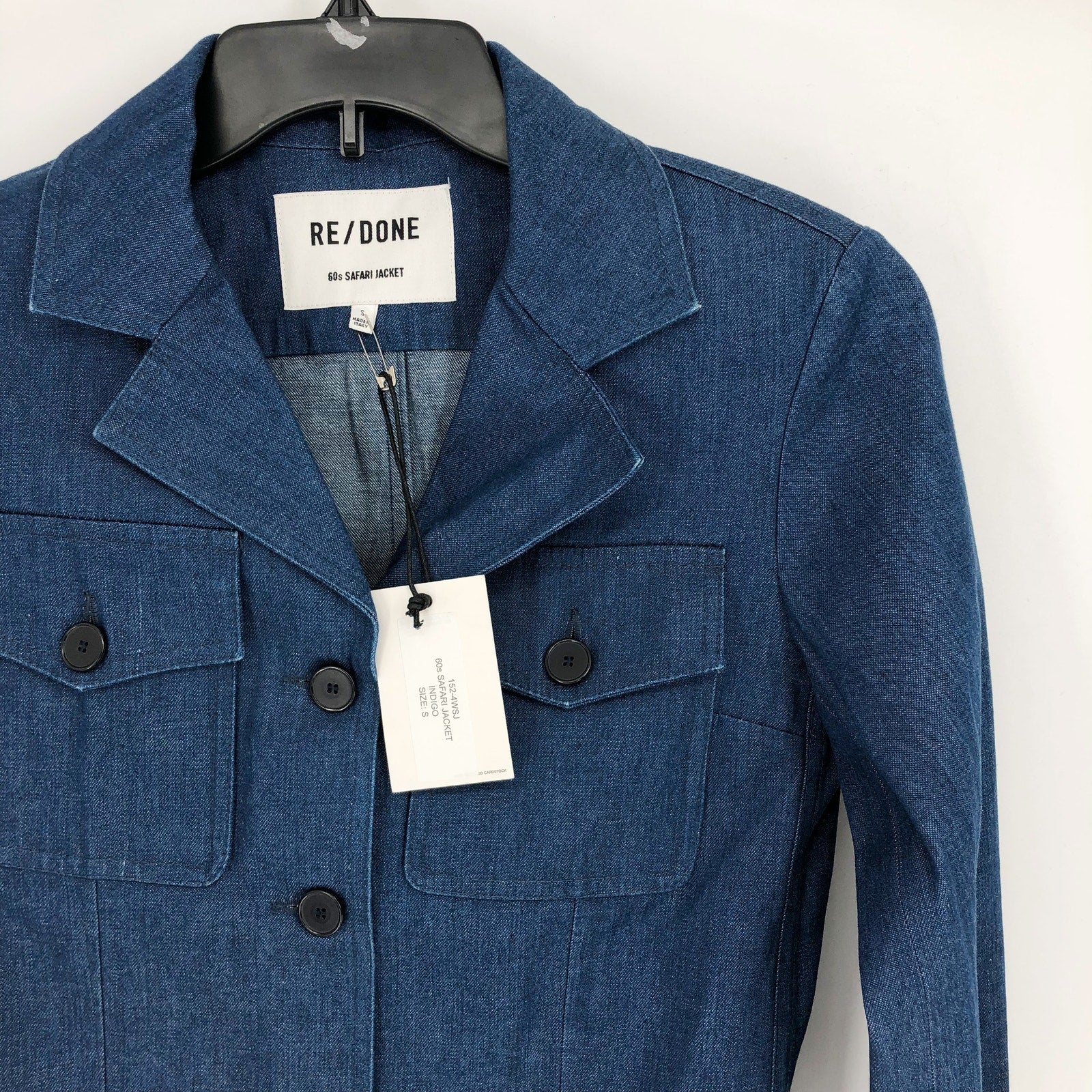 RE/DONE Women's 60's Safari Jacket Small Blue Indigo Cotton Buttons Pockets NWT