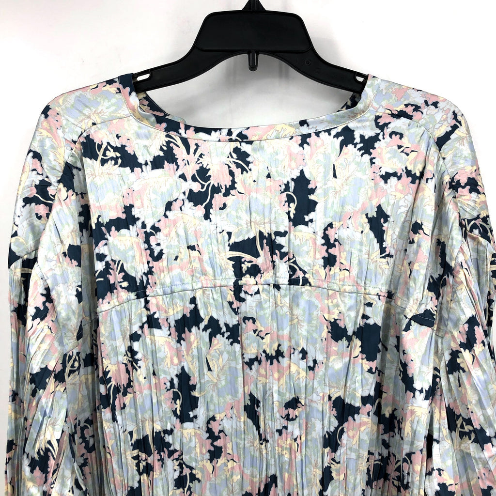 VINCE Women's Pleated Lotus Print Blouse 2X Tide Pool Blue Top Floral NWT