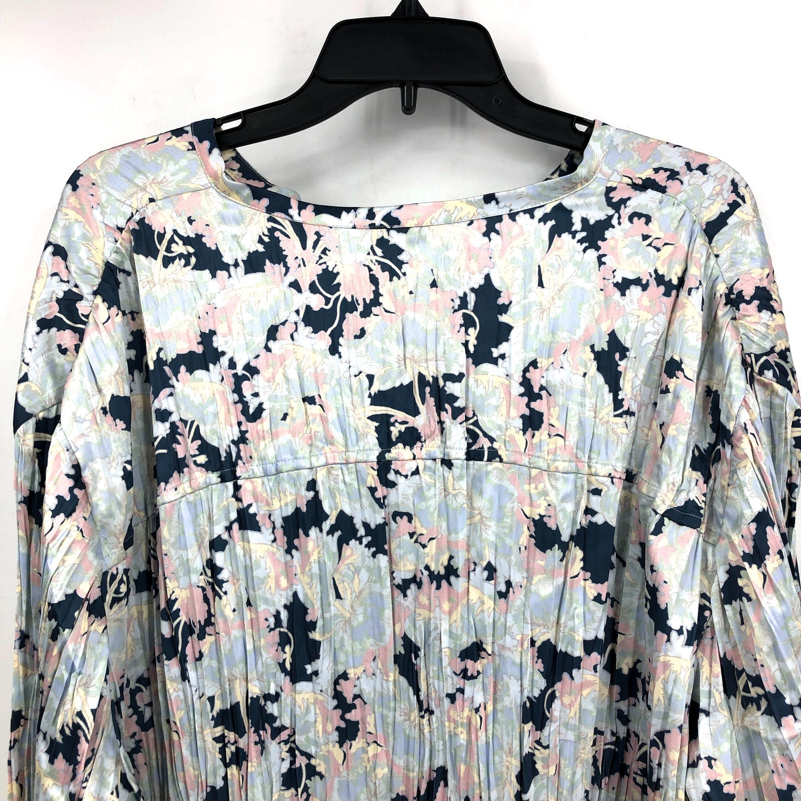 VINCE Women's Pleated Lotus Print Blouse 2X Tide Pool Blue Top Floral NWT