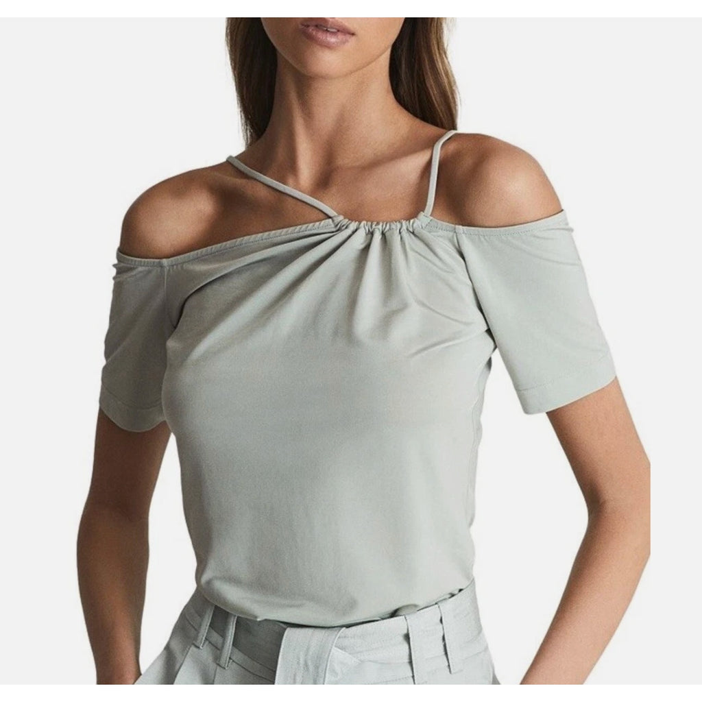 REISS Womens Cierra Strappy Off-Shoulder Short Sleeve Top Large Light Green NWOT