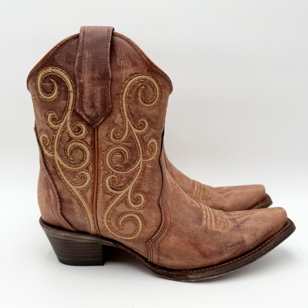 Circle G Women L6070 LD Bronze Ankle Boot US 7.5 M Brown Leather Embroidery NWOB