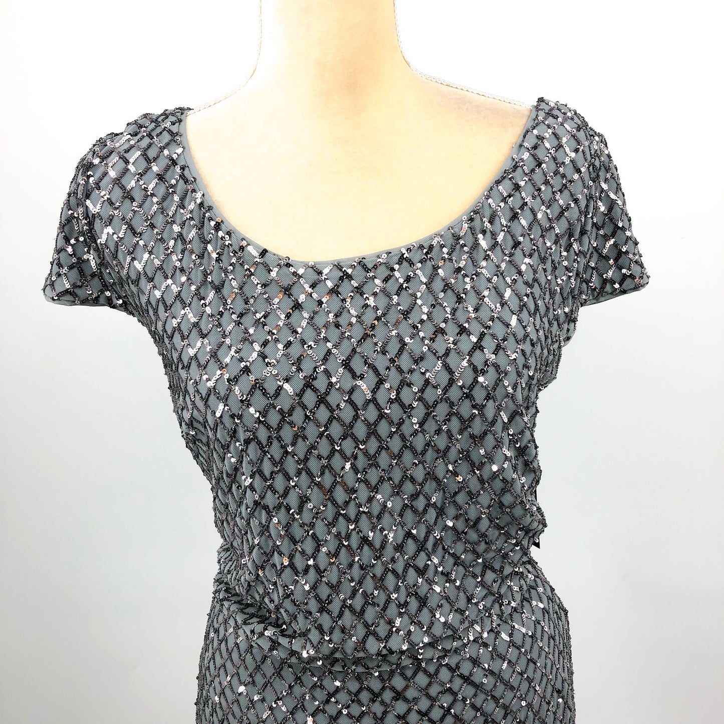 ALEX EVENINGS Sequin Scoop Neck Gown Size 16 Silver Gunmetal Cap Sleeve NWT