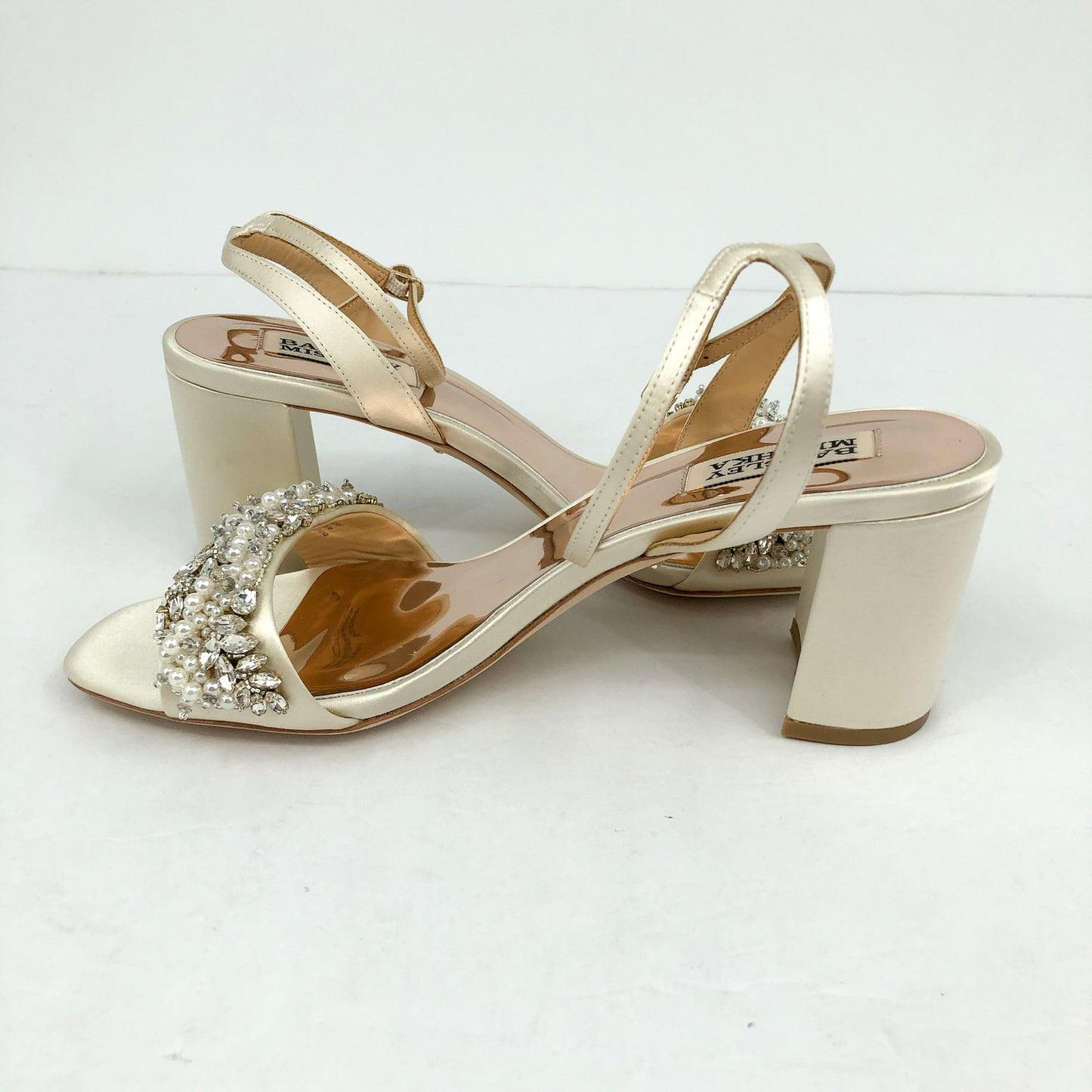 Badgley Mischka Womens Marsha Satin Heels US 9 Ivory Sandals Rhinestone NWOB