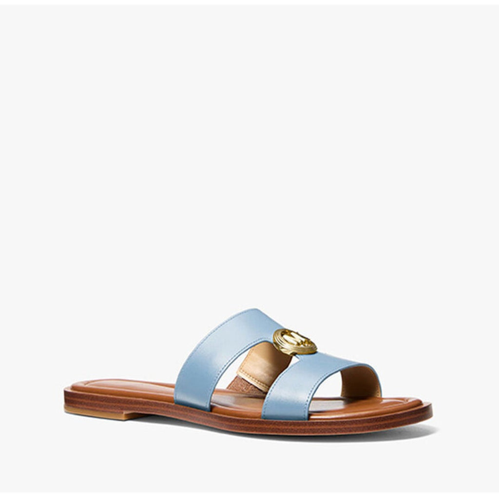 Michael Kors Womens Erin Leather Flat Sandals Size 6.5 Light Blue Chambray NIB