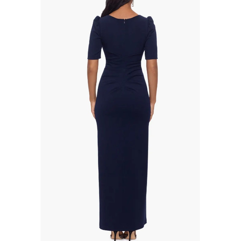 XSCAPE Women's Scuba Crepe Ruffle Gown Size 8 Navy Blue Short Sleeve Dress NWOT