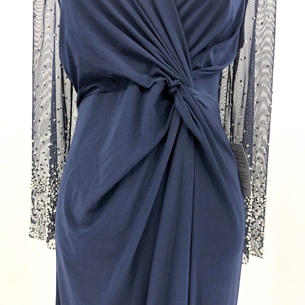 ALEX EVEININGS Embellished Illusion Dress Size 12 Dark Navy Blue Jersey NWT