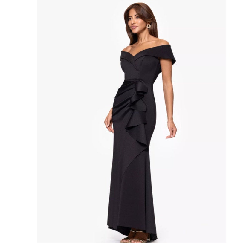 XSCAPE Women's Scuba Off The Shoulder Gown Size 4 Black Ruffle Crepe NWT