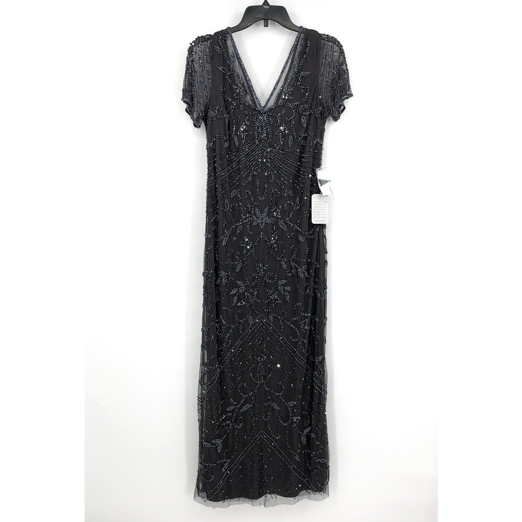PISARRO NIGHTS Women's Beaded Mesh Column Gown Size 12 Gray Short Sleeve NWT