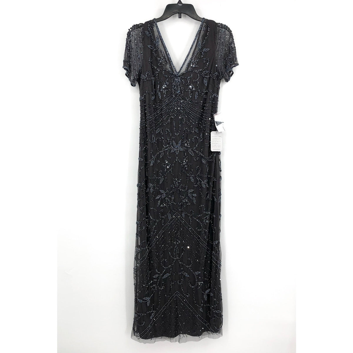 PISARRO NIGHTS Women's Beaded Mesh Column Gown Size 12 Gray Short Sleeve NWT