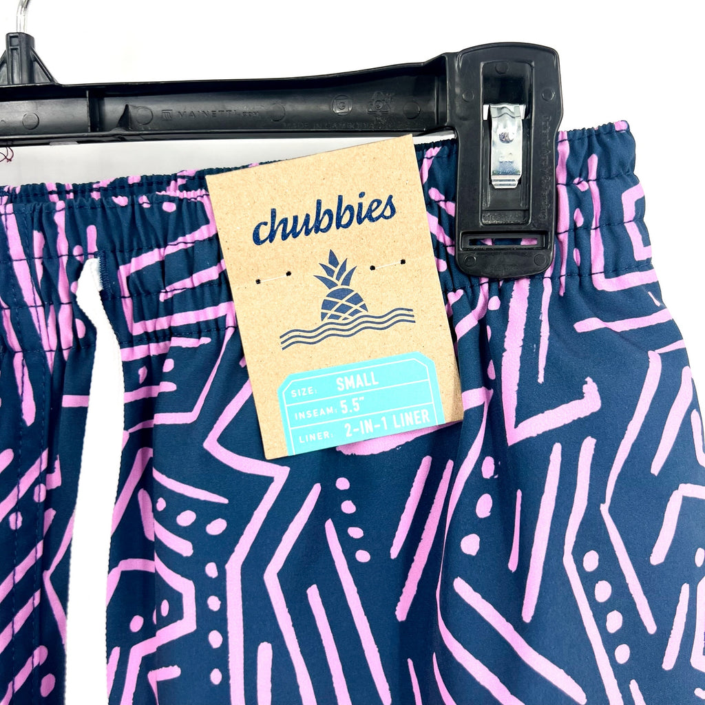 CHUBBIES Mens Dark Marzipans Classic Lined Swim Trunks Small Navy Geometric NWT