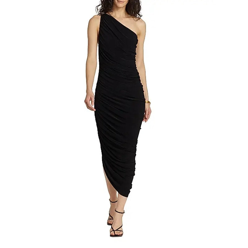 NORMA KAMALI Women's Diana Gown Small 36 Black One Shoulder Asymmetric NWT