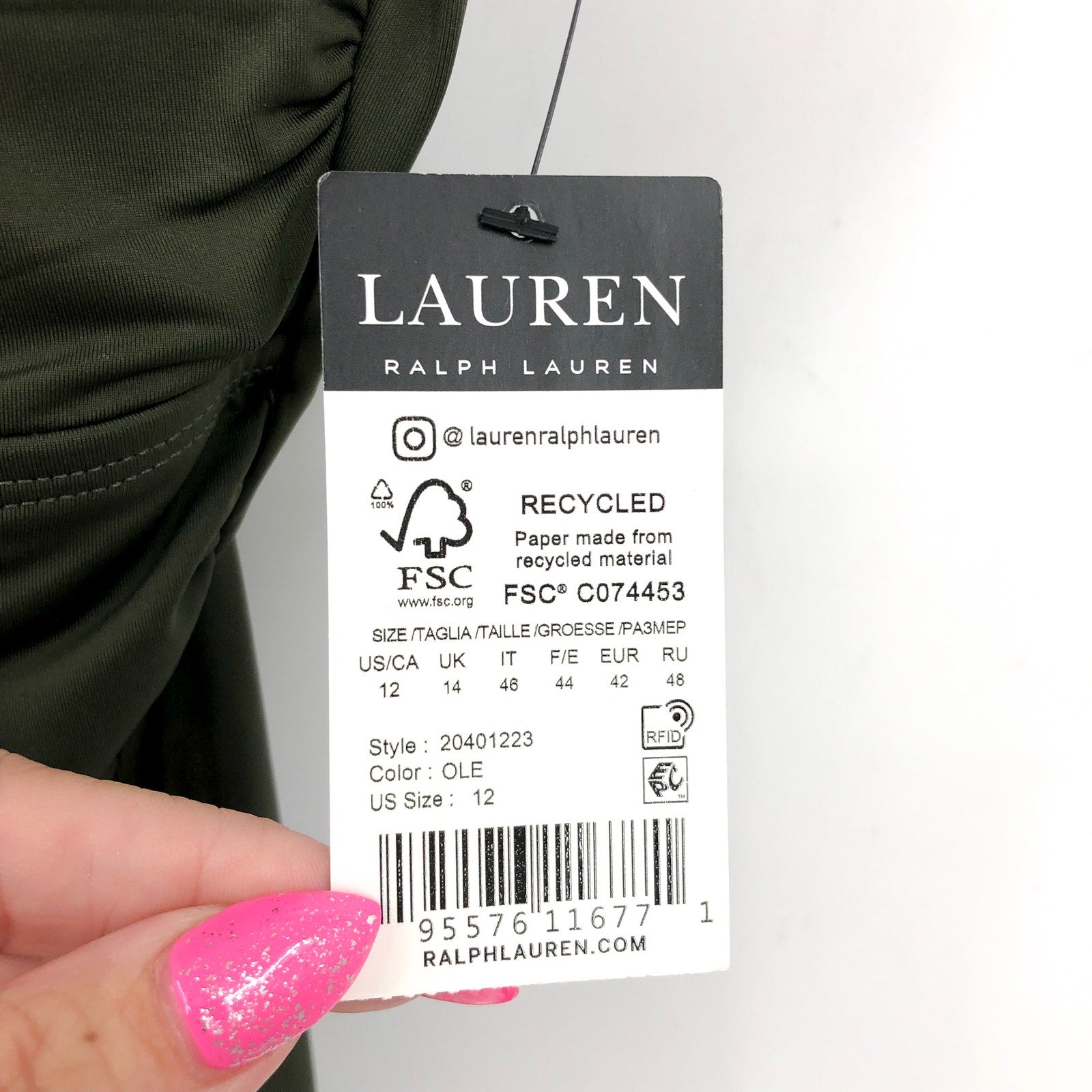LAUREN RALPH LAUREN V Wire Bandini Swim Top Size 12 Olive Green Beach Club NWT