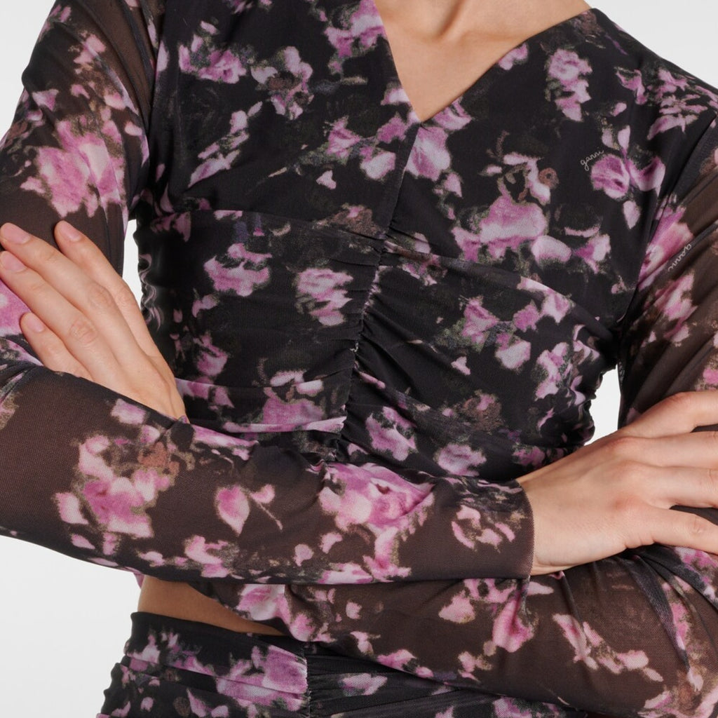 GANNI Women's Floral Mesh Crop Top Size 34 US 2 Black Pink Long Sleeve NWOT