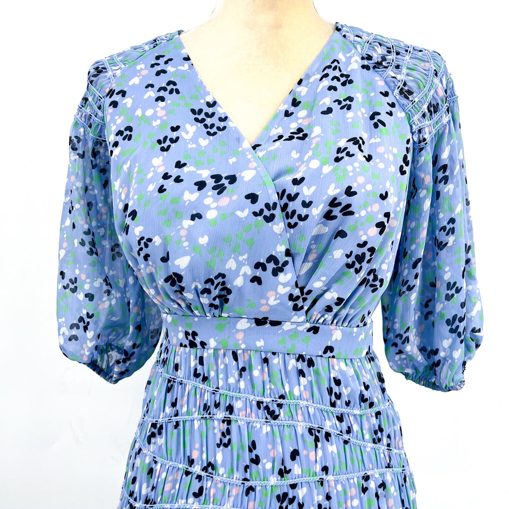 TED BAKER Womens Blakeli Floral Dress TED 0 US 2 Blue Smocked Puff Sleeve NWOT