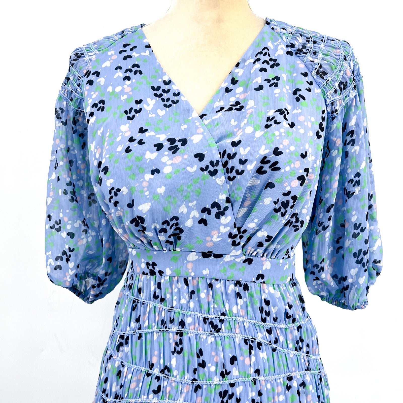 TED BAKER Womens Blakeli Floral Dress TED 0 US 2 Blue Smocked Puff Sleeve NWOT
