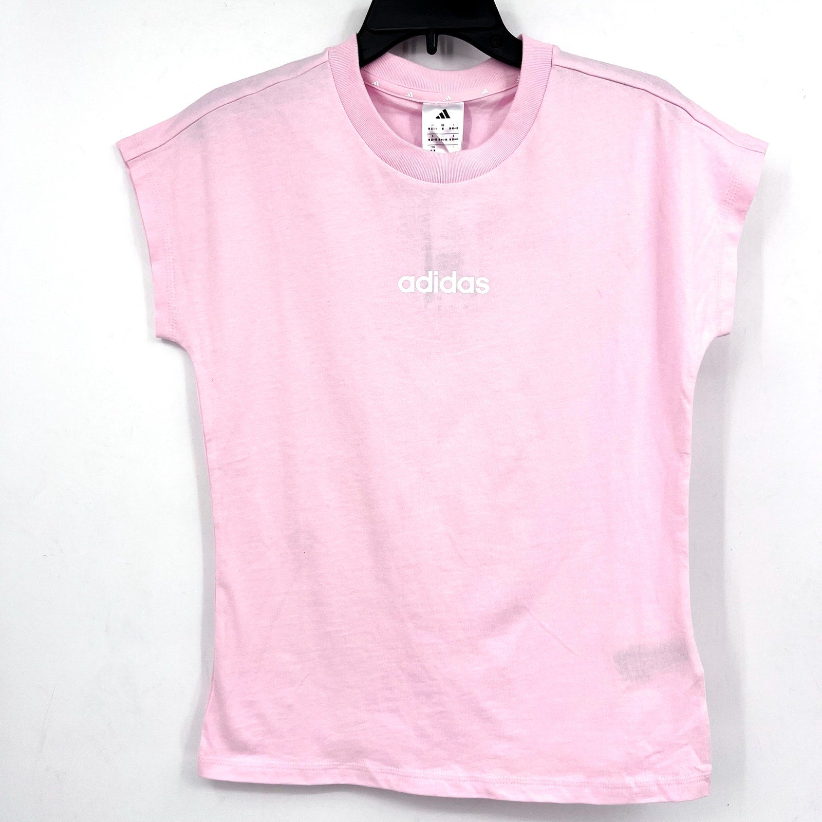 ADIDAS Women's Essentials Linear Cotton Tee Medium Pink White Short Sleeve NWT