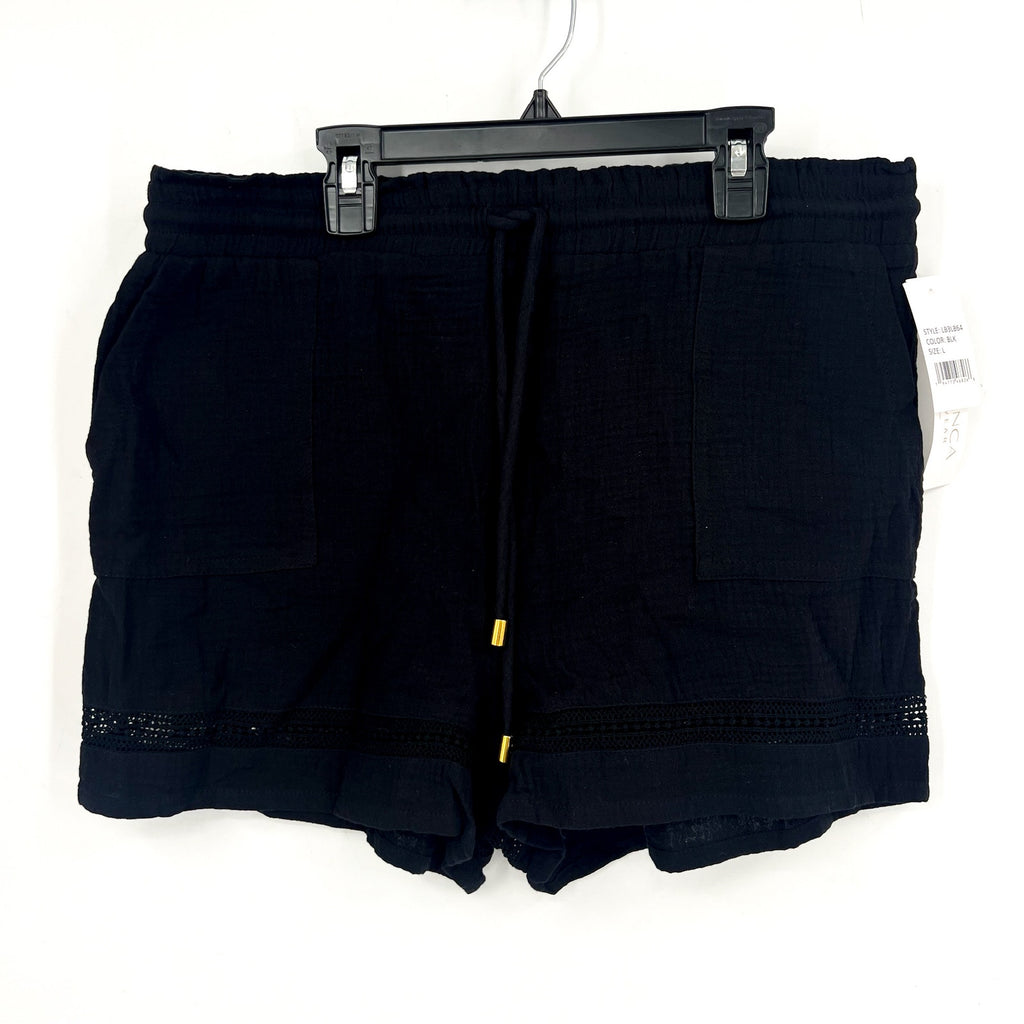 LA BLANCA Womens Seaside Coverup Beach Shorts Large Black Gauze Drawstring NWT