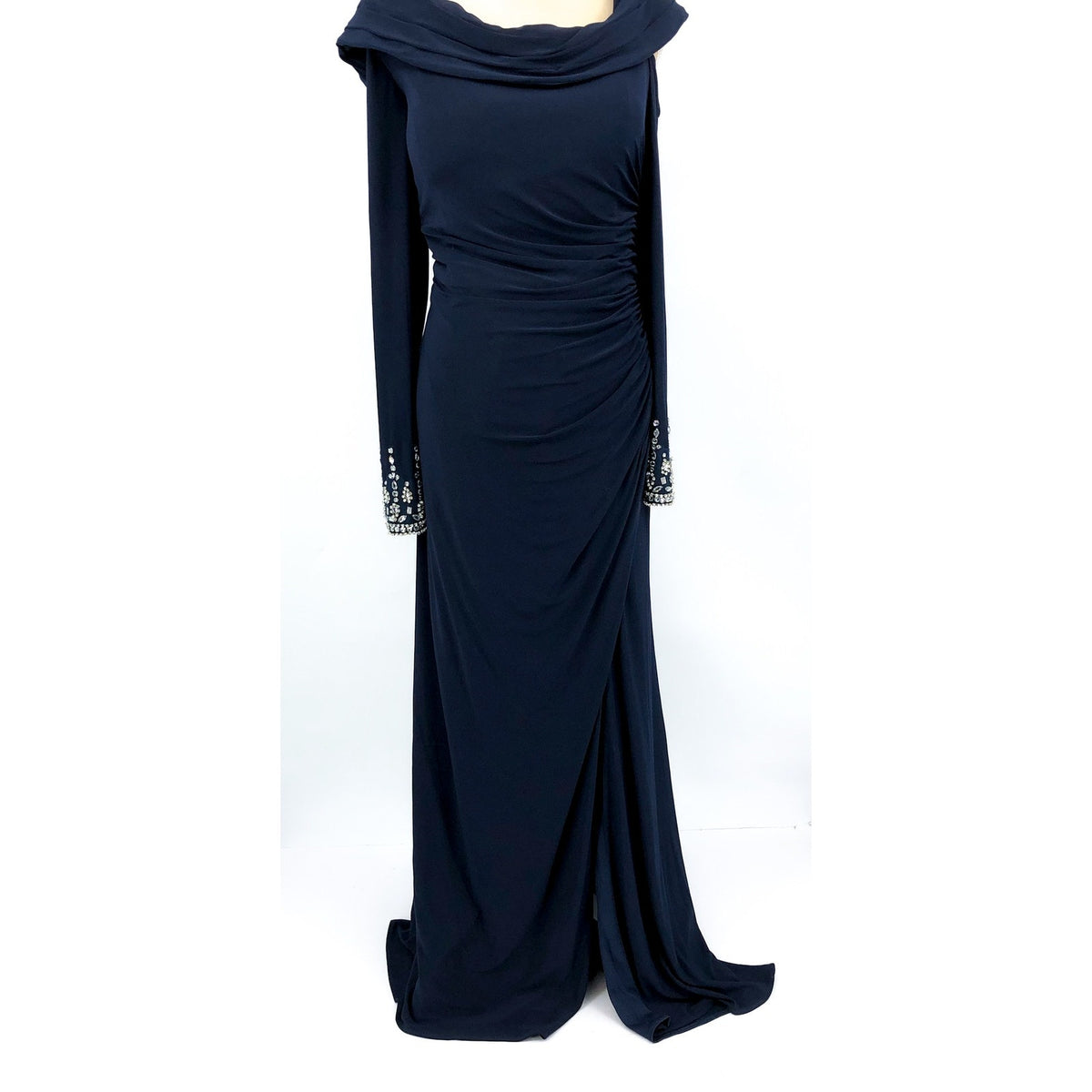 MAC DUGGAL Beaded Cuff Drop Shoulder Gown Size 16 Midnight Navy Blue Formal NWT