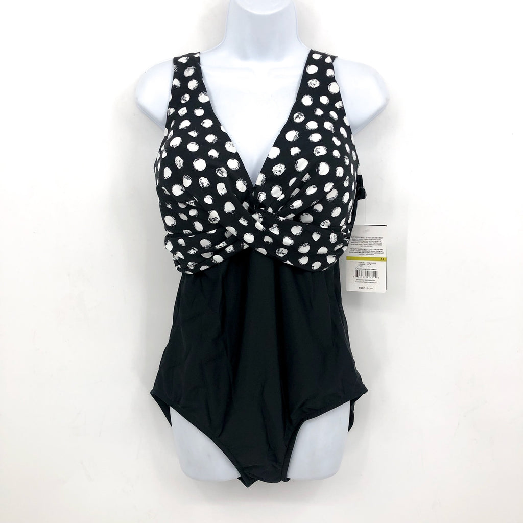 MAXINE OF HOLLYWOOD V-Neck Mio One Piece Swimsuit Size 14 Black White Dot NWT