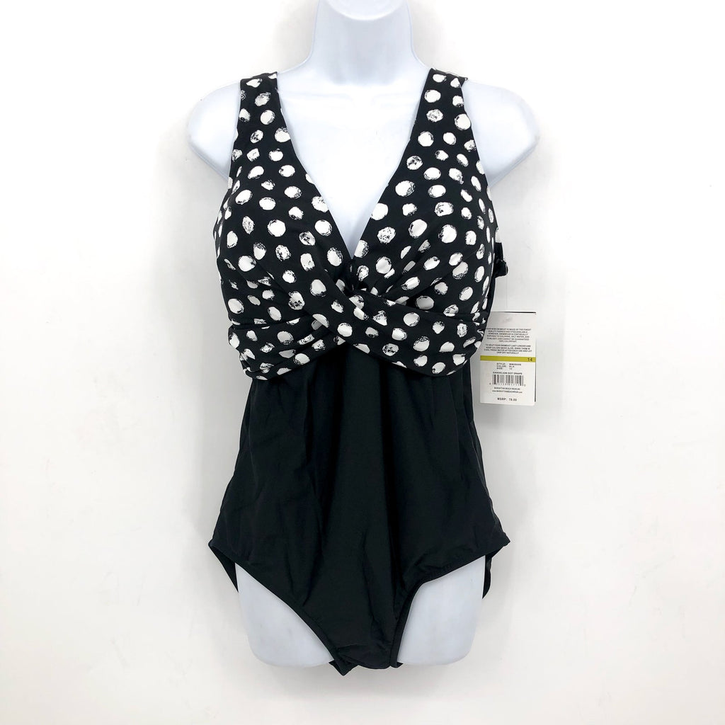 MAXINE OF HOLLYWOOD V-Neck Mio One Piece Swimsuit Size 14 Black White Dot NWT