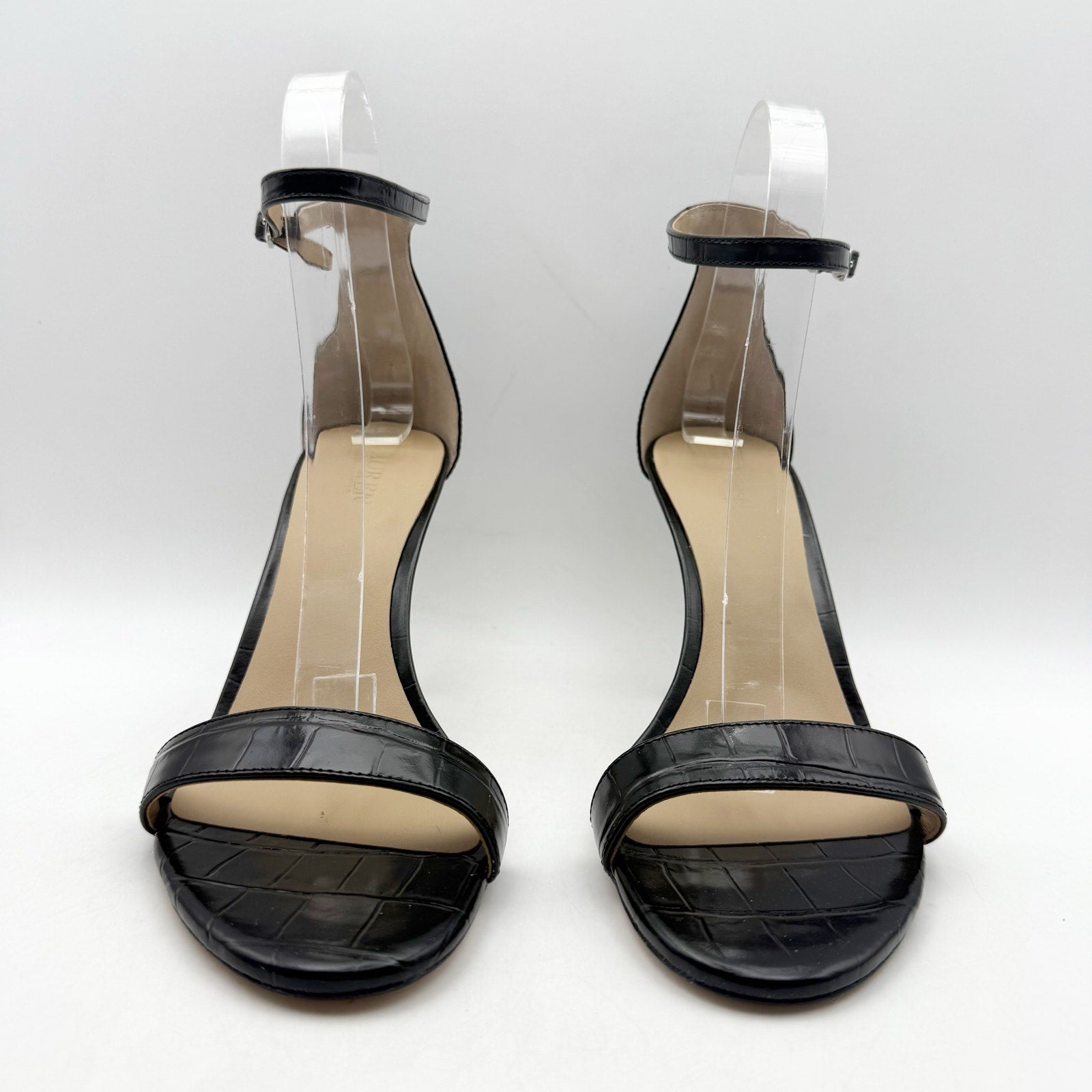 Ralph Lauren Womens Allie Heel Sandals US 8 Black Crocodile-Embossed Leather NIB
