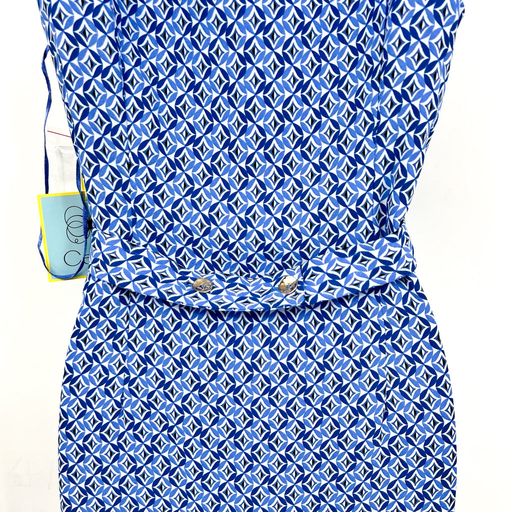 CECE Midi Shirt Dress Size 6 Blue Print Sleeveless V-Neck Belted Waist NWT