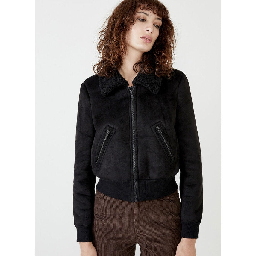 BARDOT Women's Shearling Bomber Jacket Small US 4 Black Faux Suede Cropped NWT