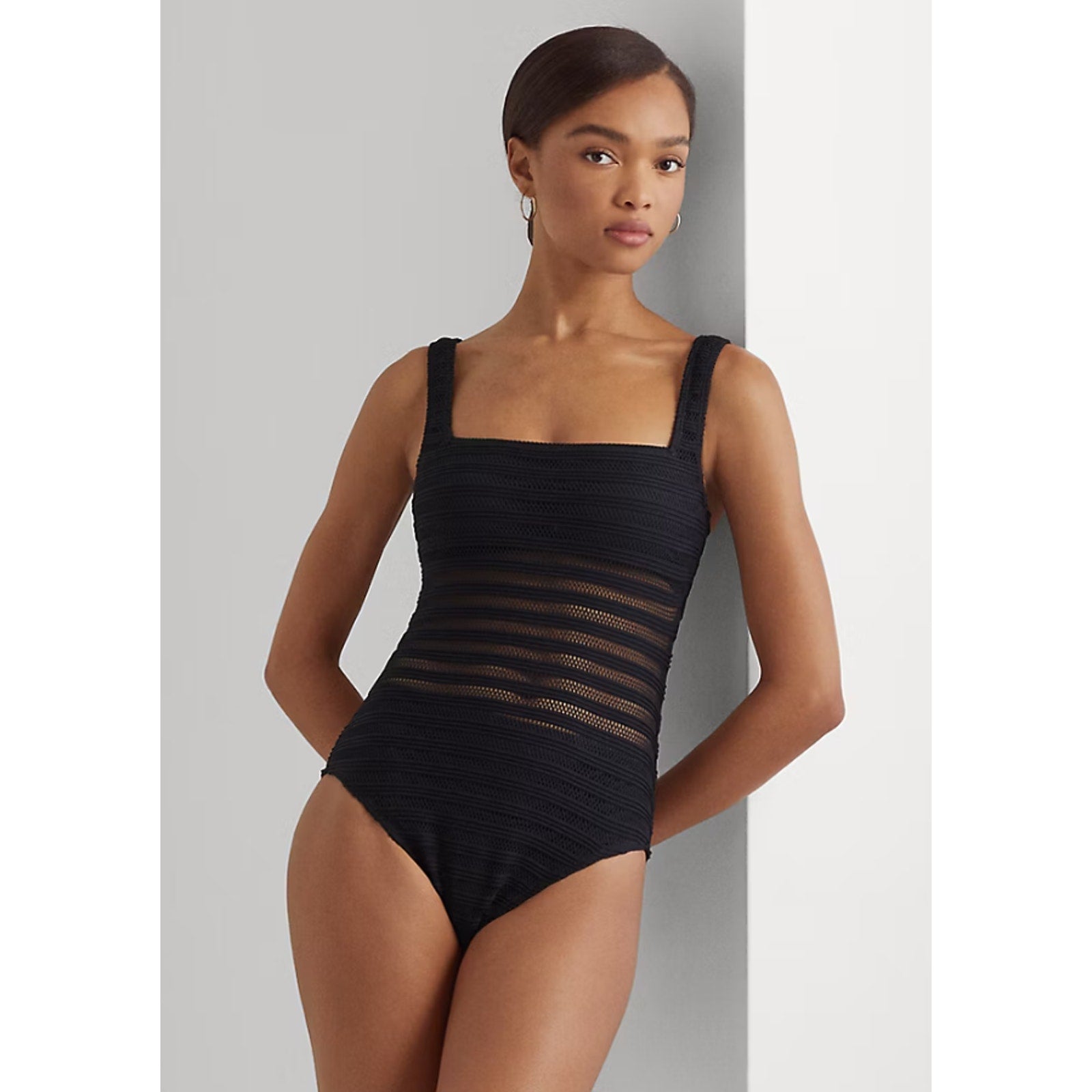 LAUREN RALPH LAUREN Ottoman One-Piece Swimsuit Size 6 Black Mesh Stripe NWT
