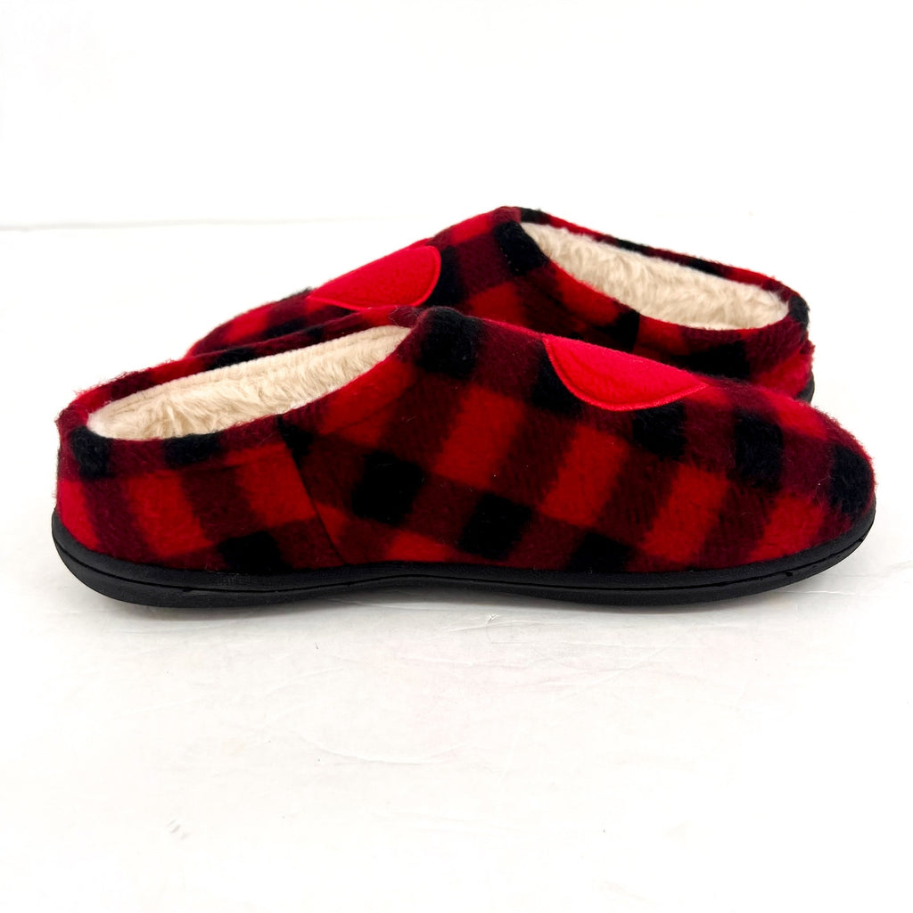 COLDWATER CREEK Women's Faux Fur Heart Slip On Clogs 10M Red Buffalo Plaid NIB