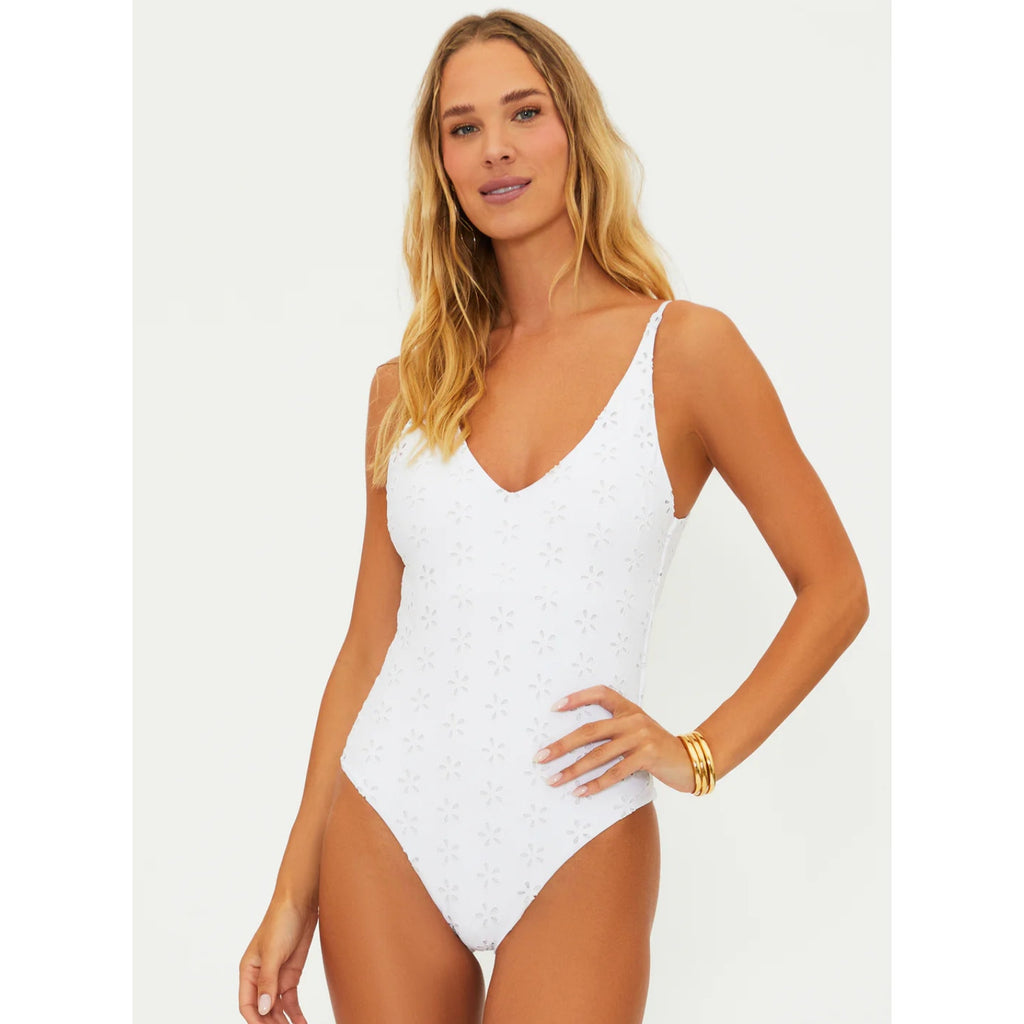 BEACH RIOT Reese Eyelet One Piece Swimsuit Small White Magnolia V-Neck NWT