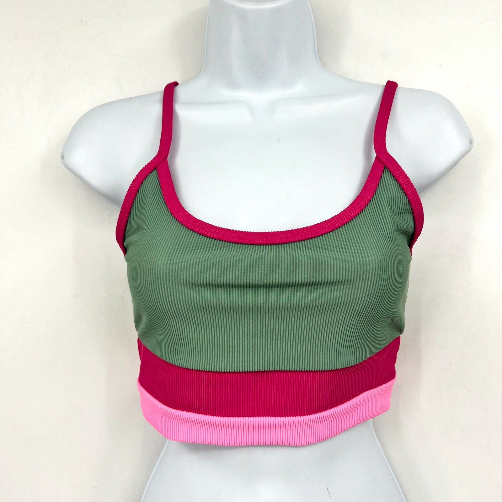 BEACH RIOT Women's Eva Bikini Top Medium Green Pink Sage Bloom Colorblock NWT