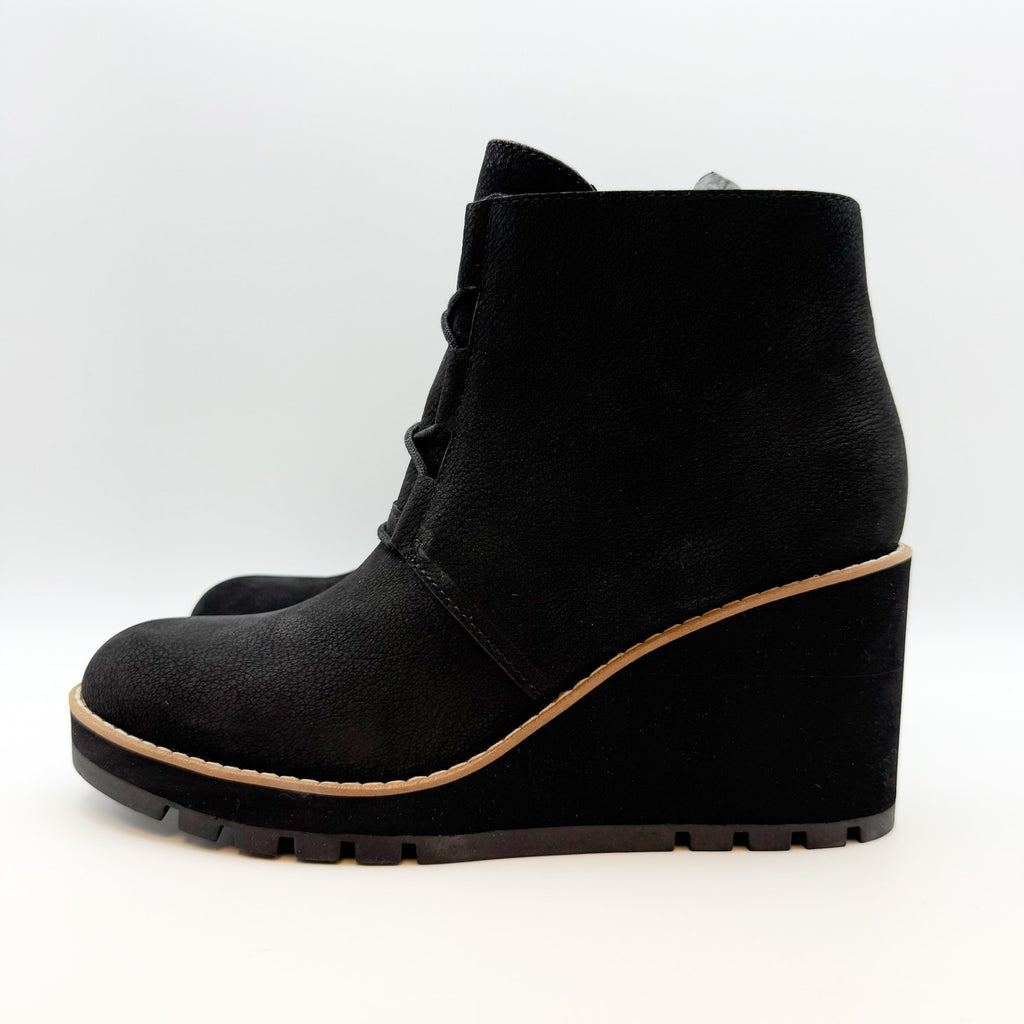 Eileen Fisher Women’s Alpine Ankle Boots Size 9 Black Leather Lace Up Wedge NIB