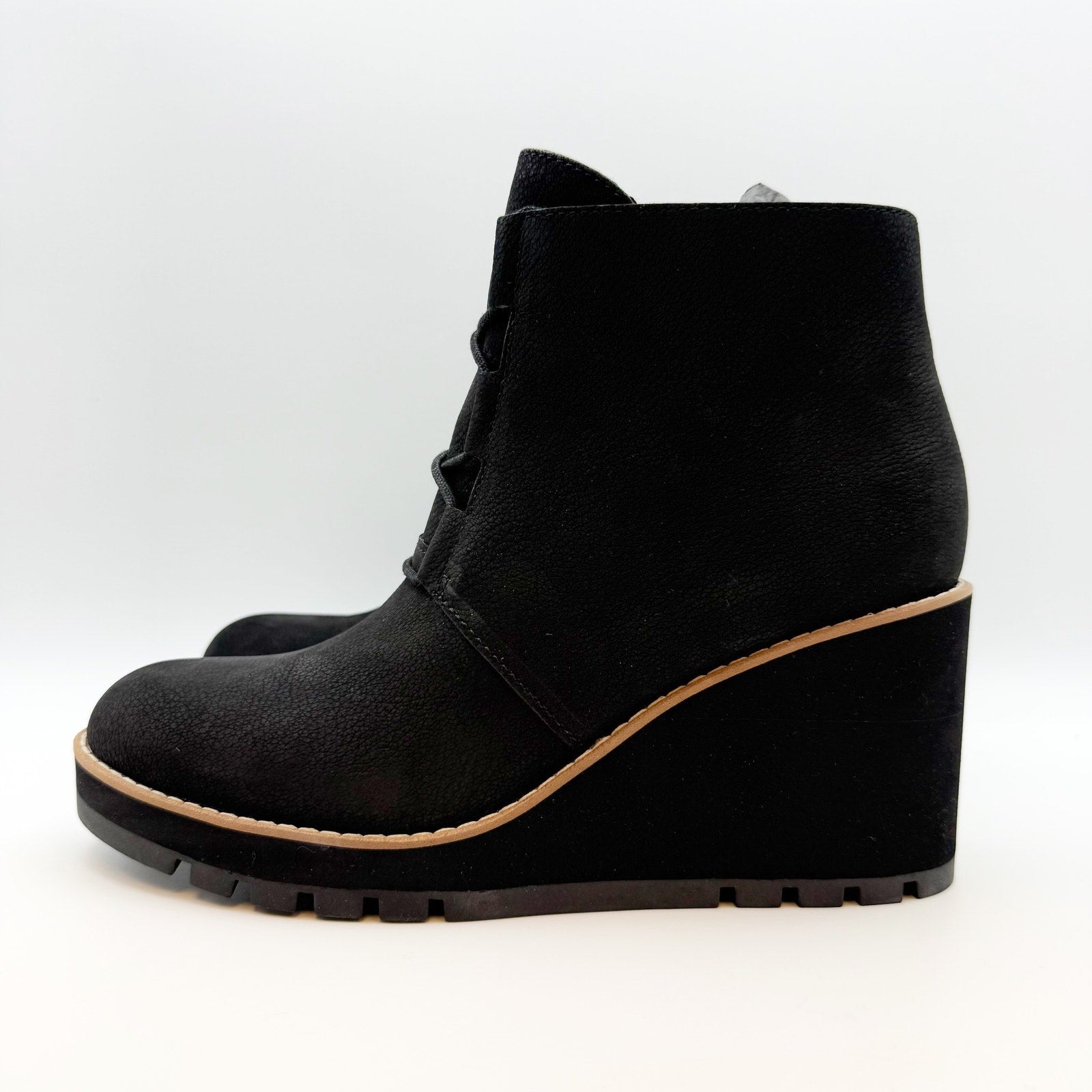 Eileen Fisher Women’s Alpine Ankle Boots Size 9 Black Leather Lace Up Wedge NIB