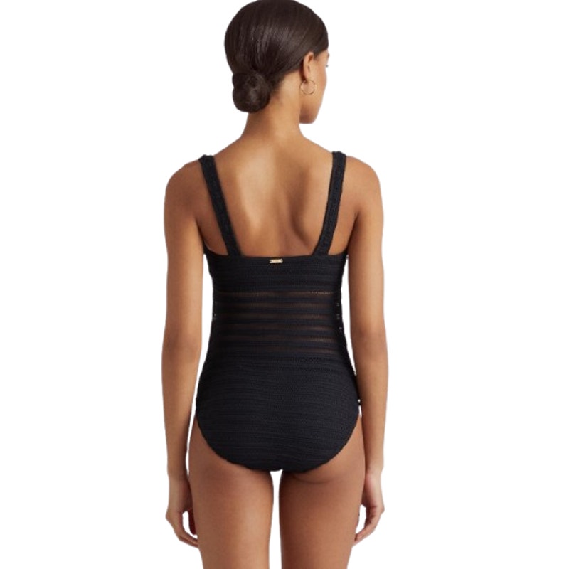 LAUREN RALPH LAUREN Ottoman One-Piece Swimsuit Size 16 Black Mesh Stripe NWT